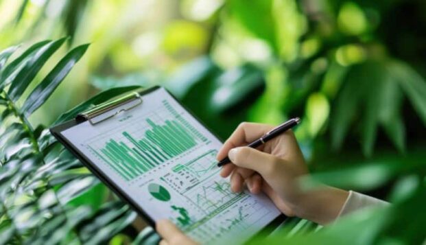 Osoba sa tablom ekoloških grafikona okružena zelenilom – vizuelna analiza održivosti u prirodnom okruženju