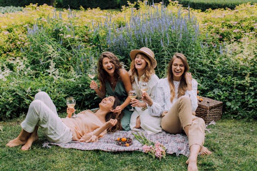 Four women enjoying a picnic, laughter, and wine in a vibrant summer garden.
