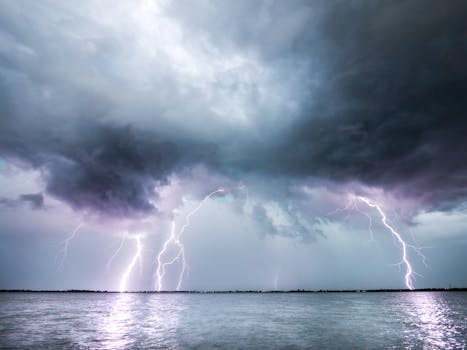 Captivating lightning strikes illuminate the sky over water during an Oklahoma storm.
