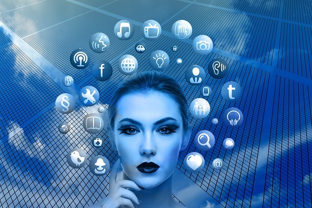 woman, face, social media, thoughts, head, applications, apps, social media applications, icons, circle, tree, networks, internet, social, nature, social network, facebook, google, social networking, networking, multimedia, blue