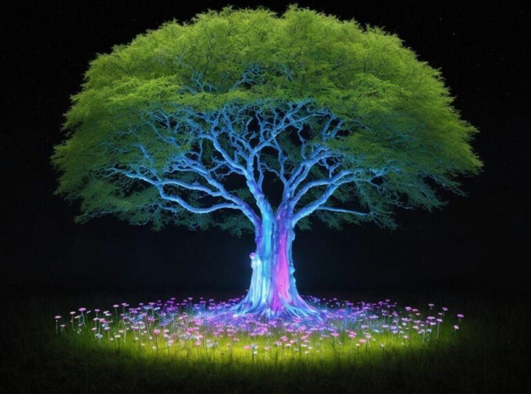 Svetleće stablo sa ogromnom krošnjom na crnoj podlozi među cvećem