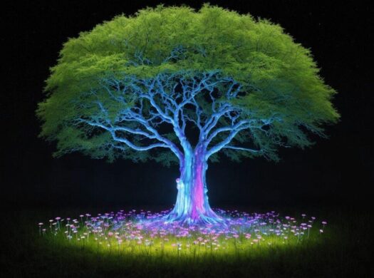 Svetleće stablo sa ogromnom krošnjom na crnoj podlozi među cvećem