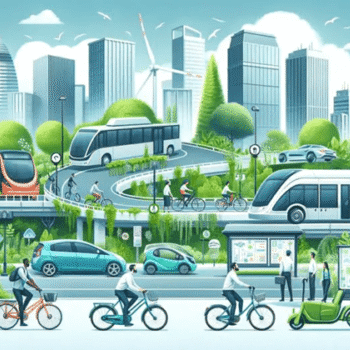 Ilustracija ubrzanog održivog gradskog saobraćaja, sa ljudima na biciklima, autobusima i automobilima, zgradama i vetroturbinom