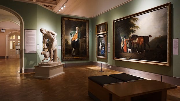 An elegant art gallery room featuring classical paintings and a prominent marble statue.