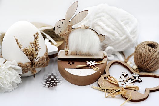 Rustic Easter decor featuring a wooden bunny, eggs, and natural materials for a sustainable celebration.